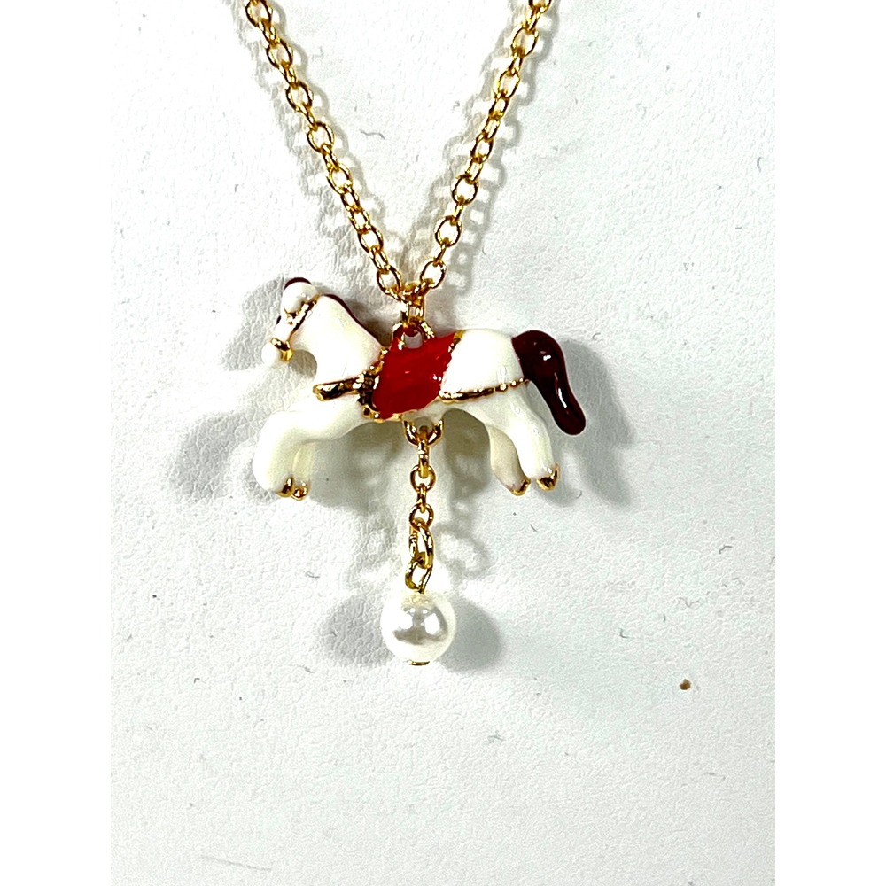 FAC Charming Carousel Horse Enamel Pearl Pendant Necklace Gold Tone 18 Inch